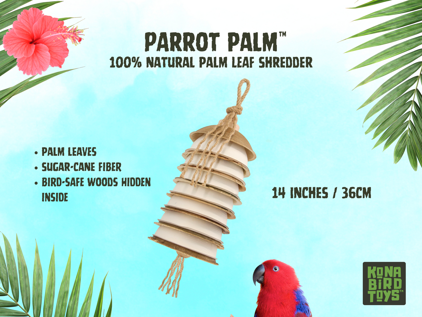 PARROT PALM™ shredder / 100% natural / made of palm leaves and bird-safe woods by Kona Bird Toys™