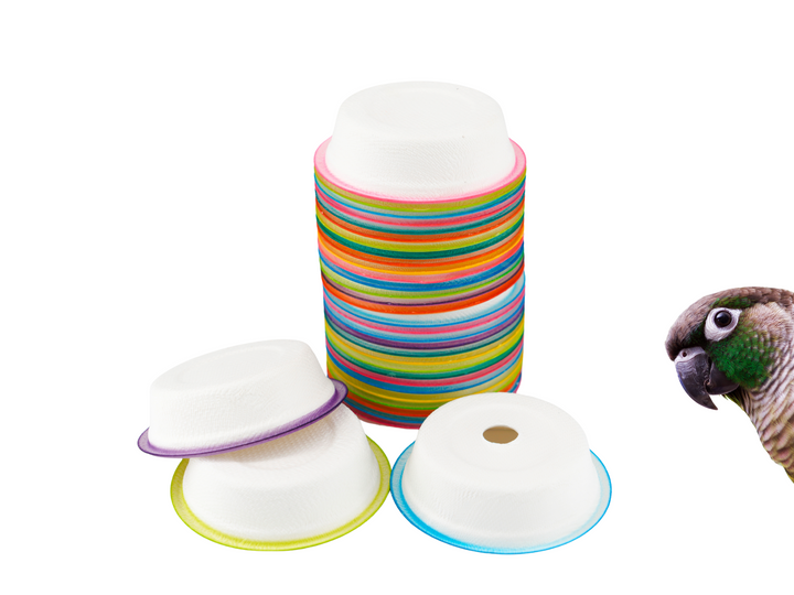 Set of 50 PAPER CUPS—small, round cups made from all-natural sugarcane fiber. Ideal bird toy parts for pole refills and crafting safe, eco-friendly toys!