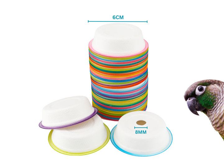 Set of 50 PAPER CUPS—small, round cups made from all-natural sugarcane fiber. Ideal bird toy parts for pole refills and crafting safe, eco-friendly toys!