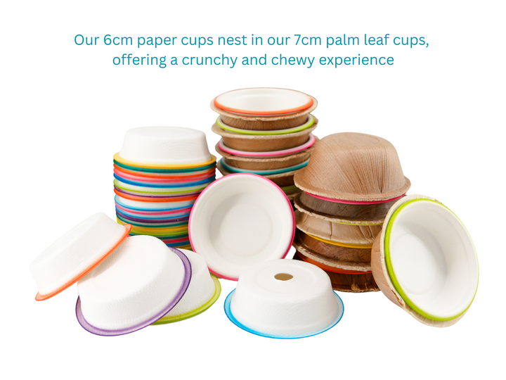Set of 50 PAPER CUPS—small, round cups made from all-natural sugarcane fiber. Ideal bird toy parts for pole refills and crafting safe, eco-friendly toys!