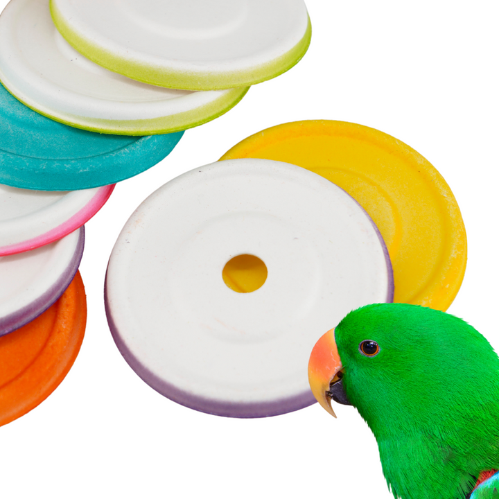 Set of 50 PAPER ROUNDS—small, round sugarcane fiber discs perfect for pole refills and bird toy making. Natural, safe, and eco-friendly bird toy parts!