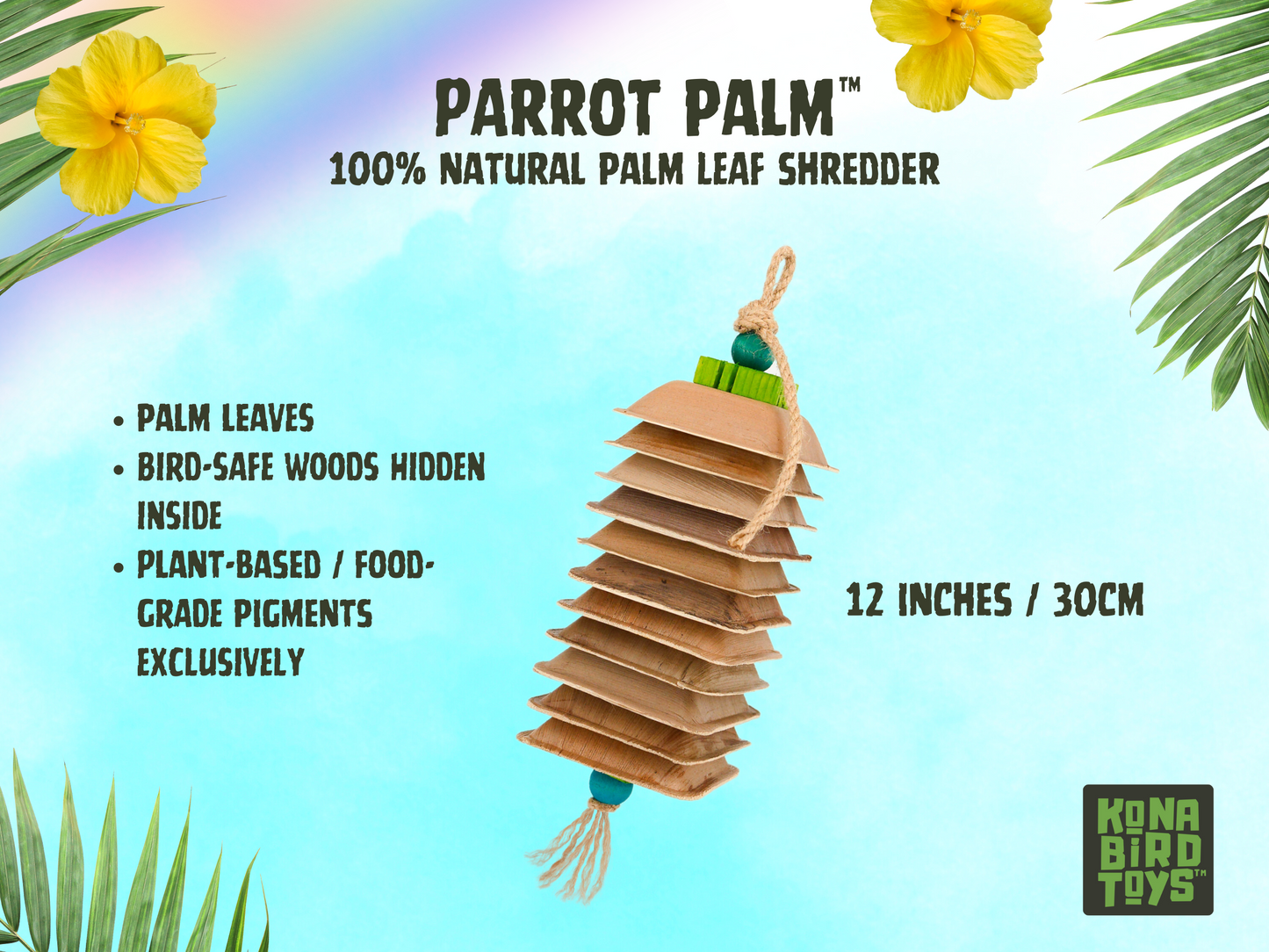 PARROT PALM™ shredder / made of natural palm leaves and bird-safe woods by Kona Bird Toys™