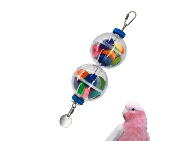 REFILLABLE FORAGING BALLS on medium Jangly Pole™ // Refillable stainless steel bird toy base with acrylic foraging ball