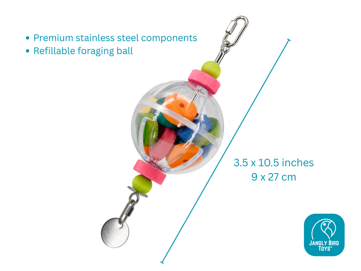REFILLABLE FORAGING BALL on small Jangly Pole™ // Refillable stainless steel bird toy base with acrylic foraging ball