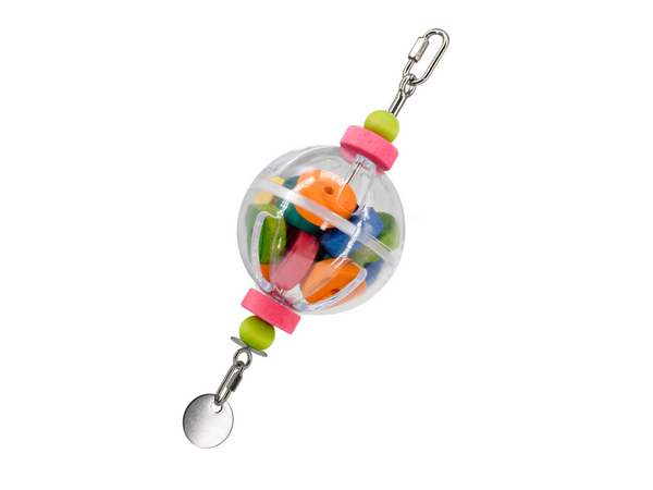 REFILLABLE FORAGING BALL on small Jangly Pole™ // Refillable stainless steel bird toy base with acrylic foraging ball