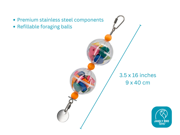 REFILLABLE FORAGING BALLS on large Jangly Pole™ // Refillable stainless steel bird toy base with acrylic foraging ball
