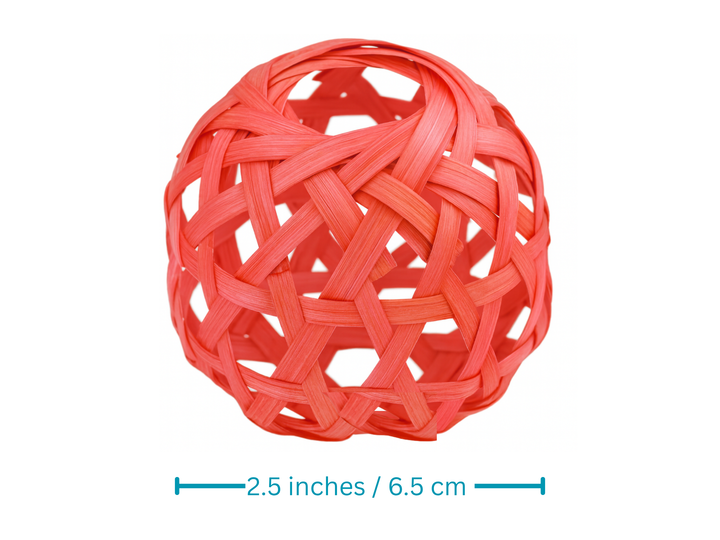 Red woven ball with measurement label on a white background