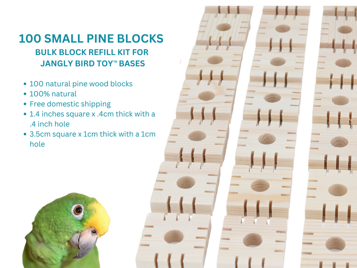 Wooden pine blocks for jangly bird toy bases with a parrot on a white background