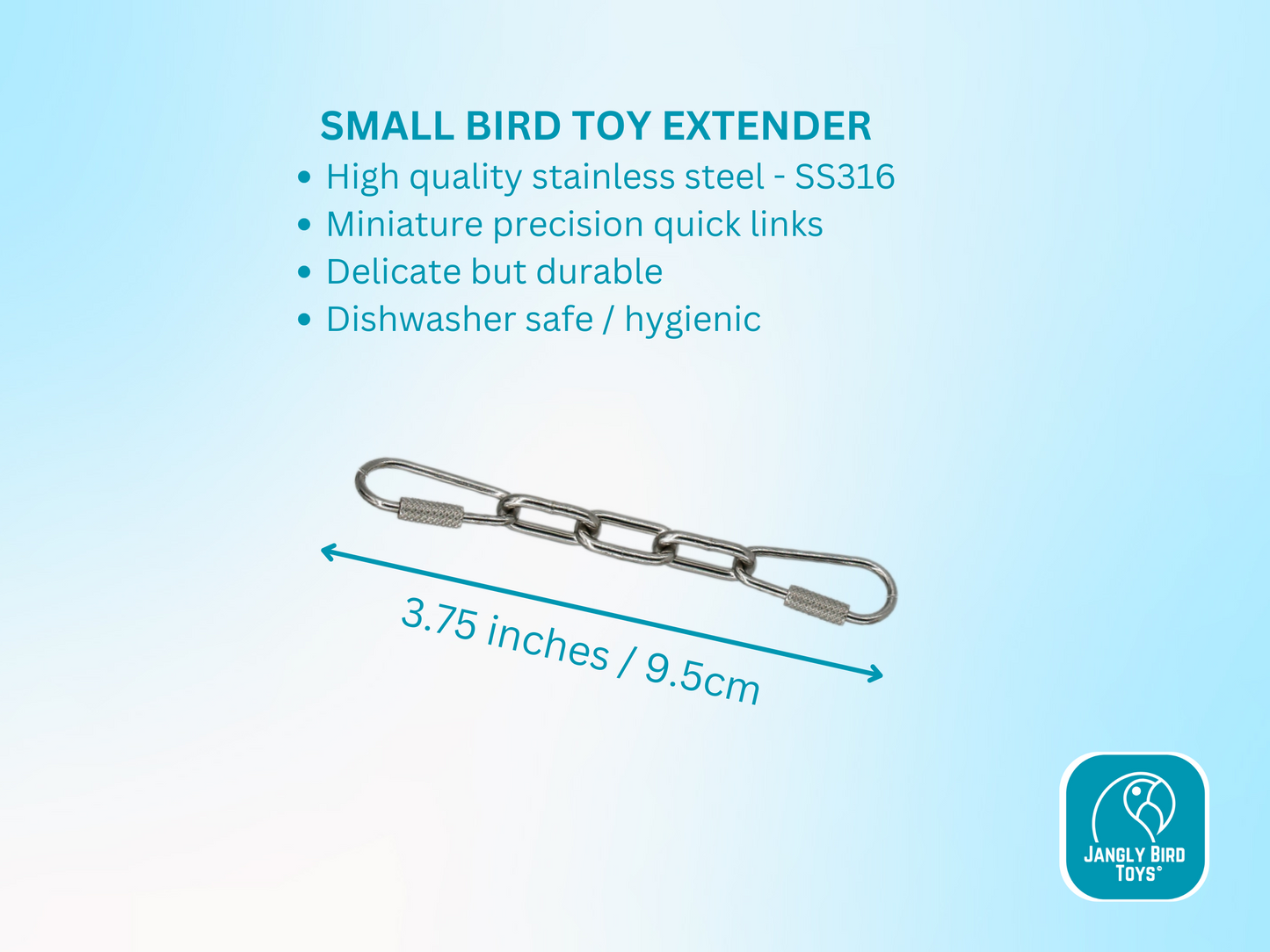 SMALL BIRD TOY EXTENDER / Bird toy hanger with miniature quick links / Hang toys at perch-level! / Stainless steel, bacteria resistant and dishwasher safe!