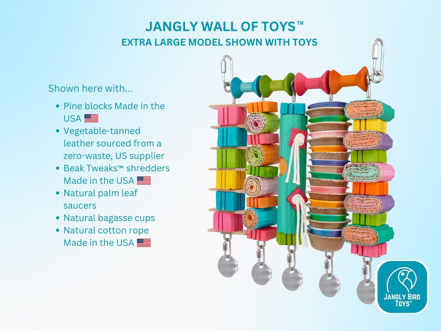 JANGLY WALL OF TOYS™ / extra-large / The ultimate parrot playstation! / Stainless steel bird toy holder / Sustainable and reusable bird toy base / poles / skewers