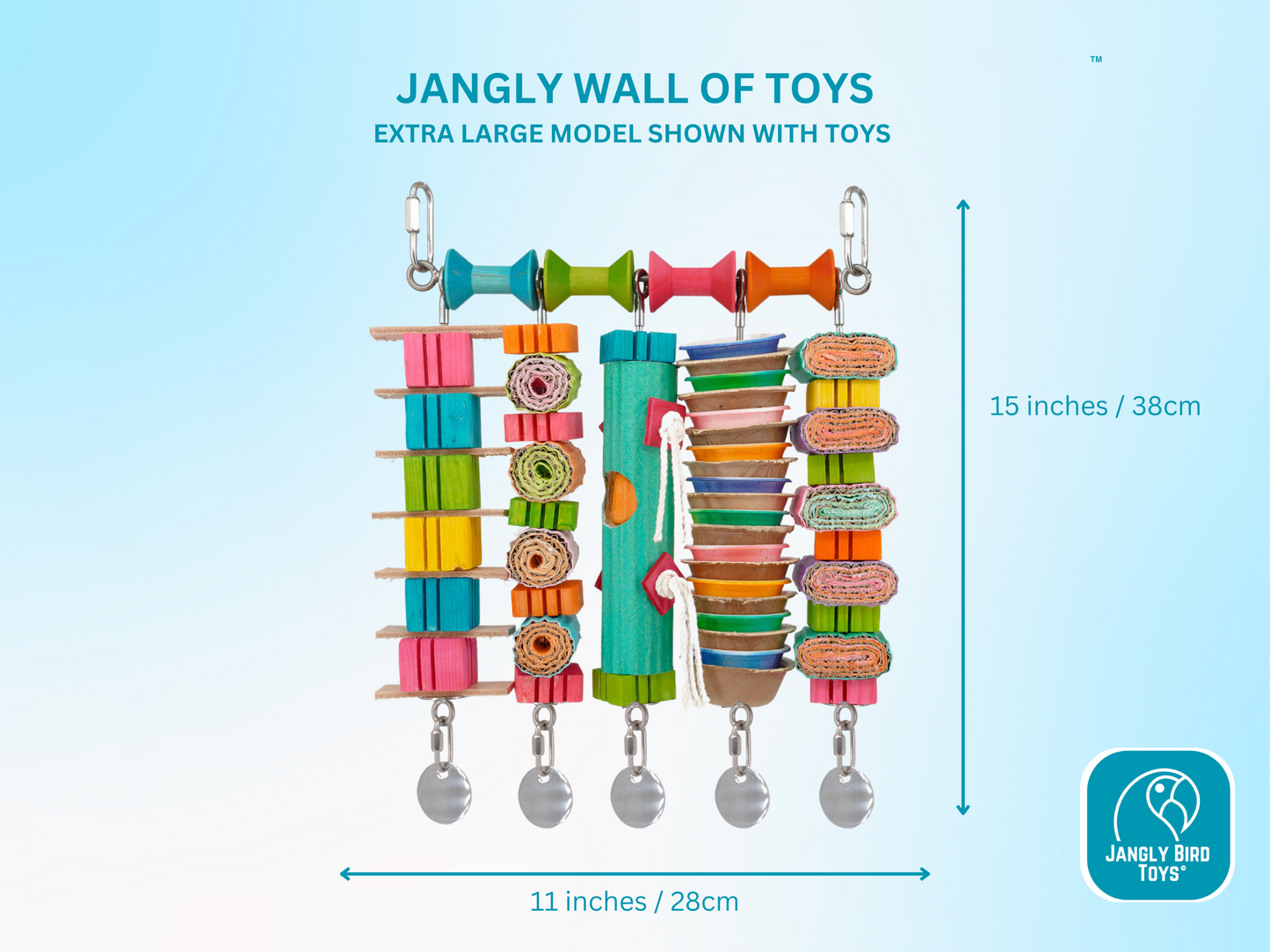 JANGLY WALL OF TOYS™ / extra-large / The ultimate parrot playstation! / Stainless steel bird toy holder / Sustainable and reusable bird toy base / poles / skewers