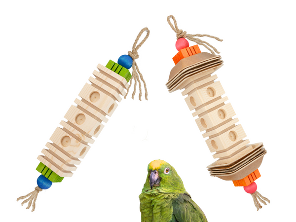 Crafted from pine wood, these grooved block toys are perfect for birds that love a chewing challenge. Ridges and channels give smaller birds an easy grip, while the size and density offer a satisfying workout for larger parrots. 