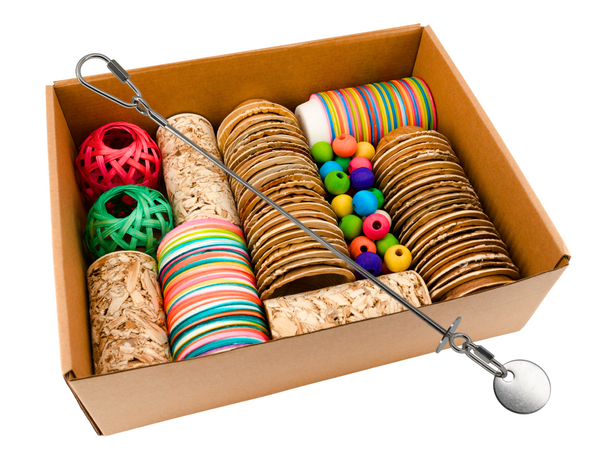 Large assortment of shreddable bird toys with a small, medium or large refillable Jangly Pole™