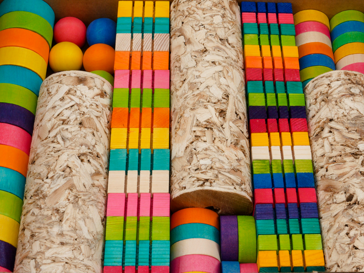 Bird toys - blocks, beads and palm leaf shredders with refillable Jangly Pole™