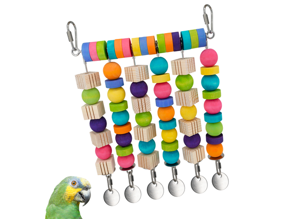 EXTRA-LARGE JANGLY WALL of TOYS™ refillable stainless steel bird toy platform loaded with BIG wood beads and blocks | 6 poles