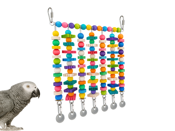 JANGLY WALL OF TOYS™ refillable stainless steel bird toy platform pre-loaded with wood beads and blocks | 7 poles