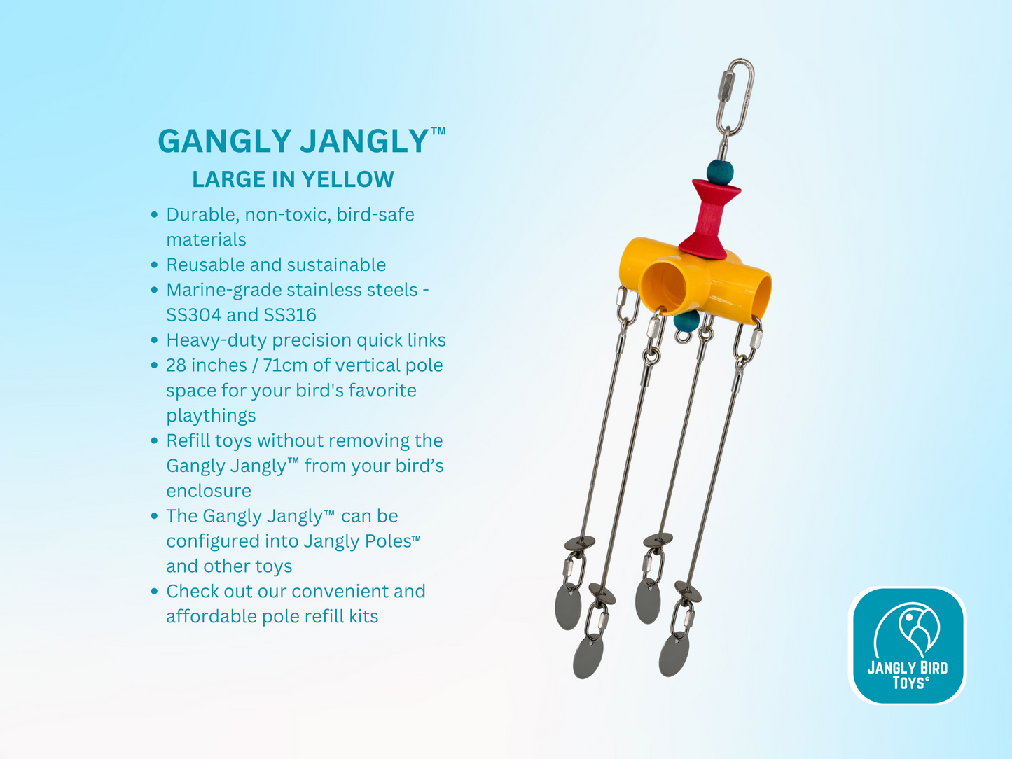 GANGLY JANGLY™ WITH TOYS / large / stainless steel parrot toy holder that comes loaded with toys! / Safe alternative to rope and twine / Sustainable and reusable bird toy base / poles / skewers