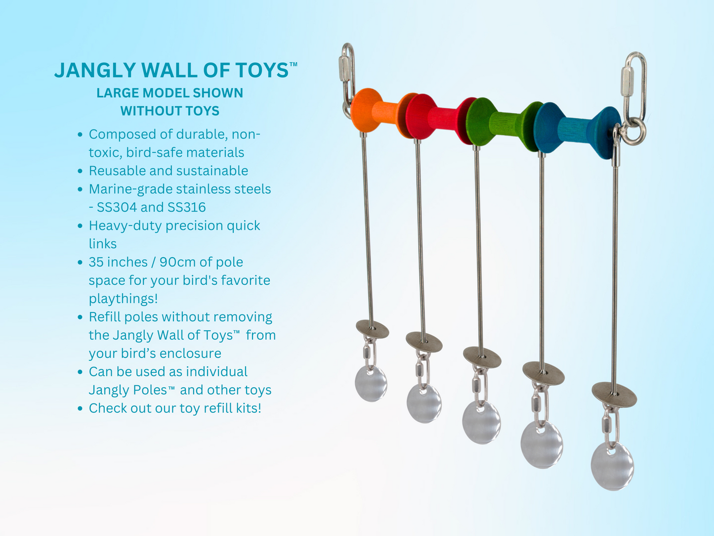 JANGLY WALL OF TOYS™ LOADED WITH TOYS / large / The ultimate parrot playstation! / Stainless steel bird toy holder / Sustainable and reusable bird toy base / poles / skewers