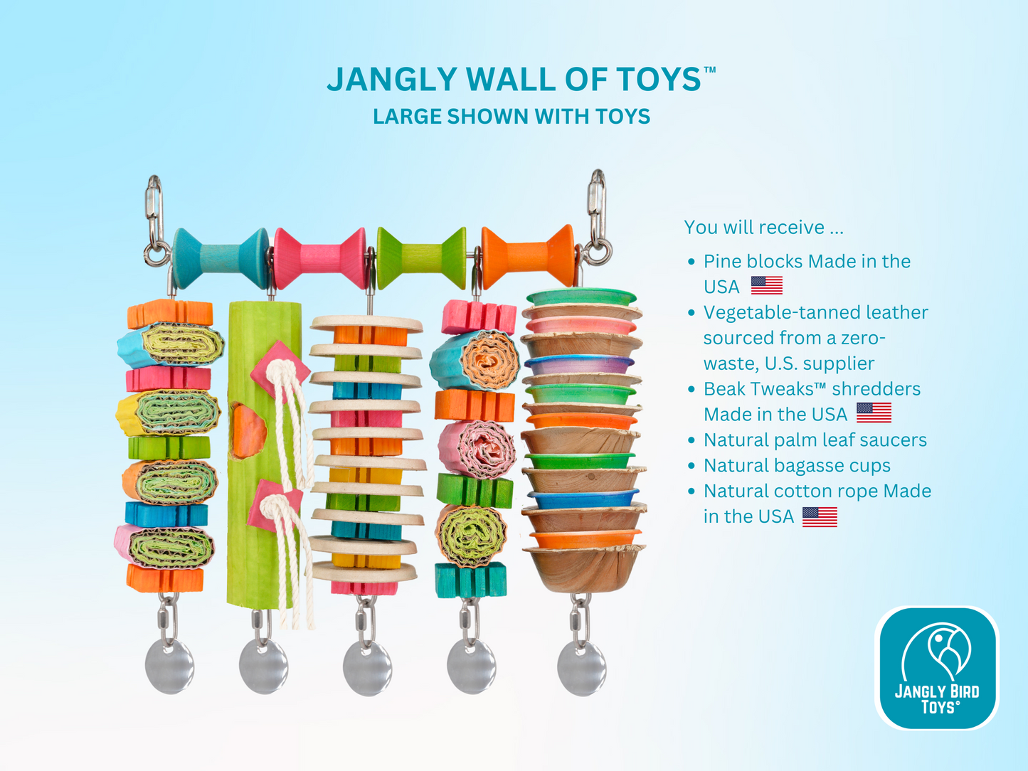 JANGLY WALL OF TOYS™ LOADED WITH TOYS / large / The ultimate parrot playstation! / Stainless steel bird toy holder / Sustainable and reusable bird toy base / poles / skewers