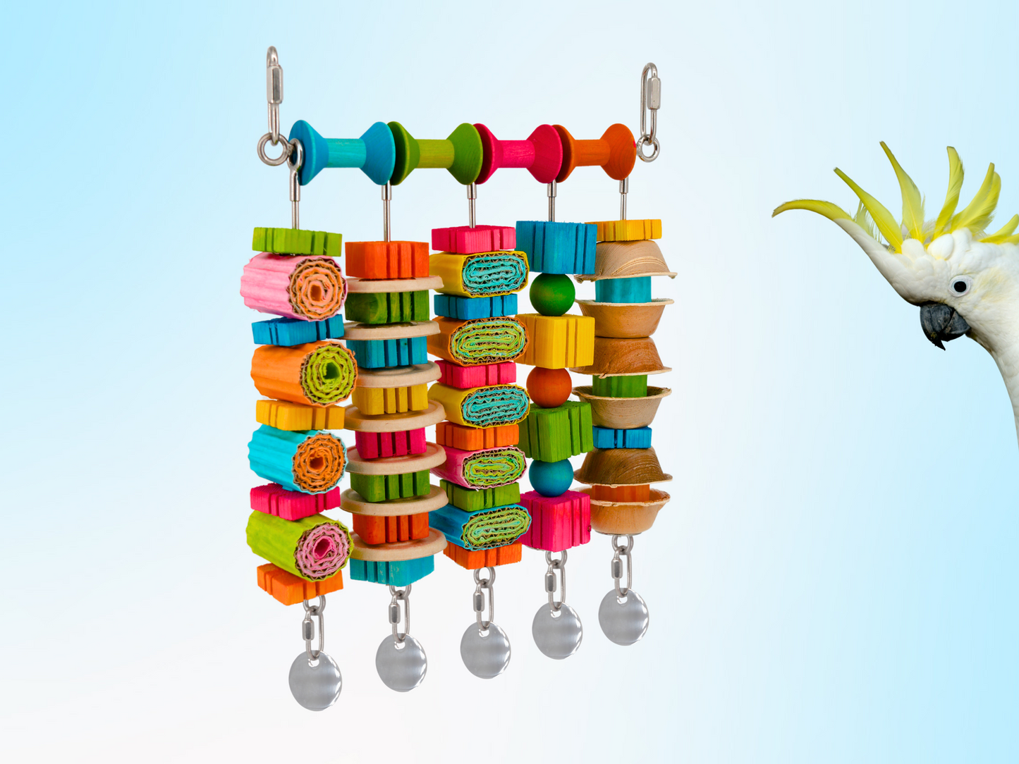 JANGLY WALL OF TOYS™ LOADED WITH TOYS / large / The ultimate parrot playstation! / Stainless steel bird toy holder / Sustainable and reusable bird toy base / poles / skewers