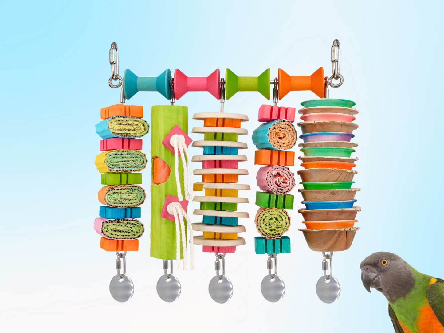 JANGLY WALL OF TOYS™ LOADED WITH TOYS / large / The ultimate parrot playstation! / Stainless steel bird toy holder / Sustainable and reusable bird toy base / poles / skewers