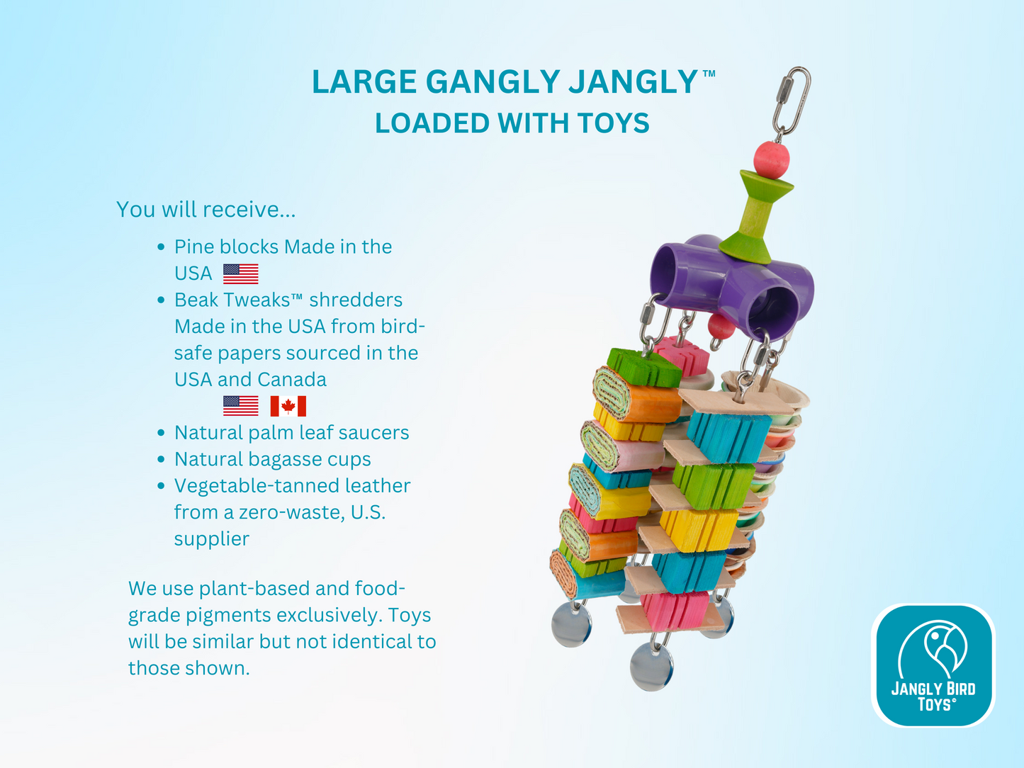 GANGLY JANGLY™ WITH TOYS / large / stainless steel parrot toy holder that comes loaded with toys! / Safe alternative to rope and twine / Sustainable and reusable bird toy base / poles / skewers