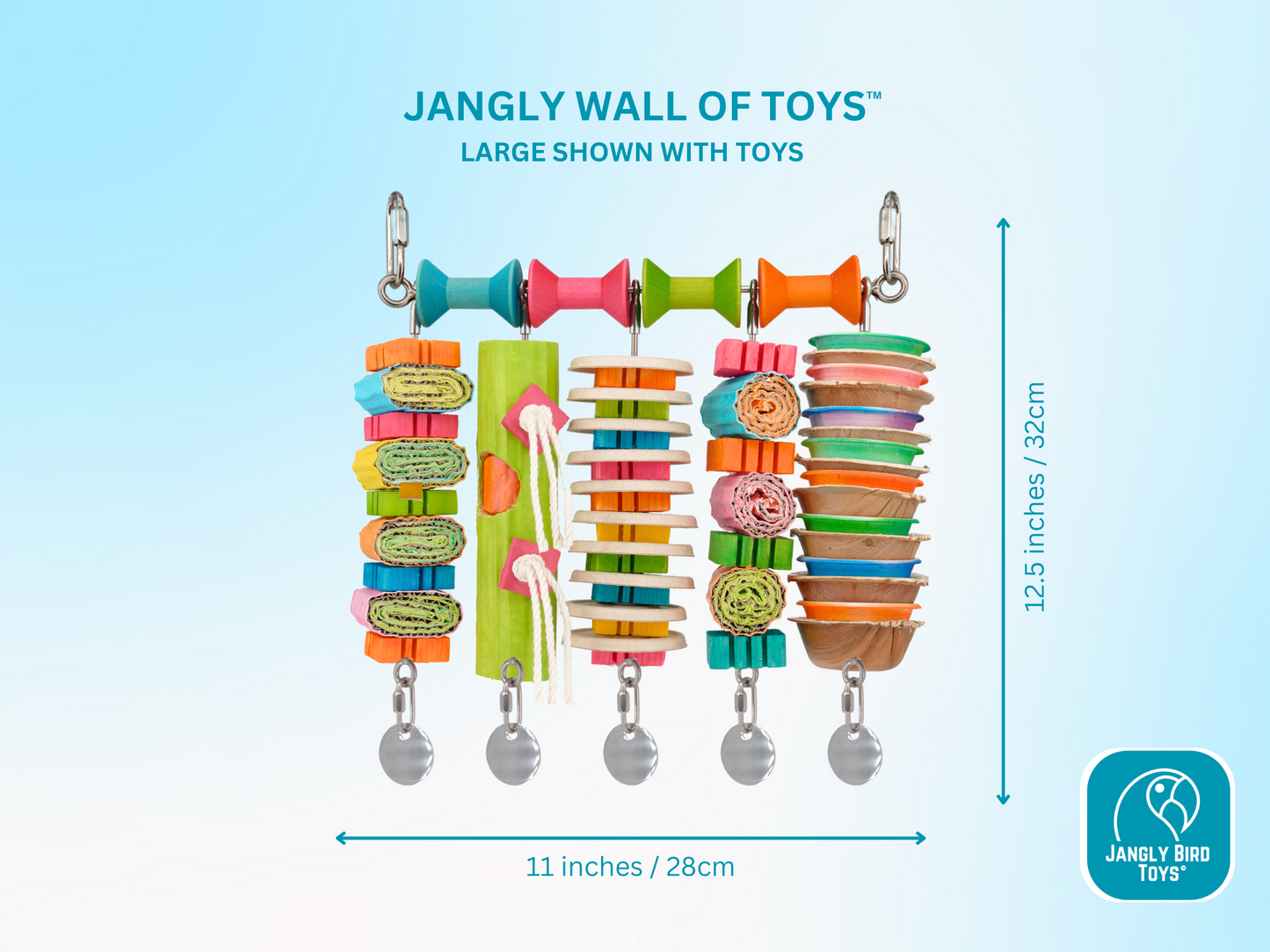 JANGLY WALL OF TOYS™ LOADED WITH TOYS / large / The ultimate parrot playstation! / Stainless steel bird toy holder / Sustainable and reusable bird toy base / poles / skewers