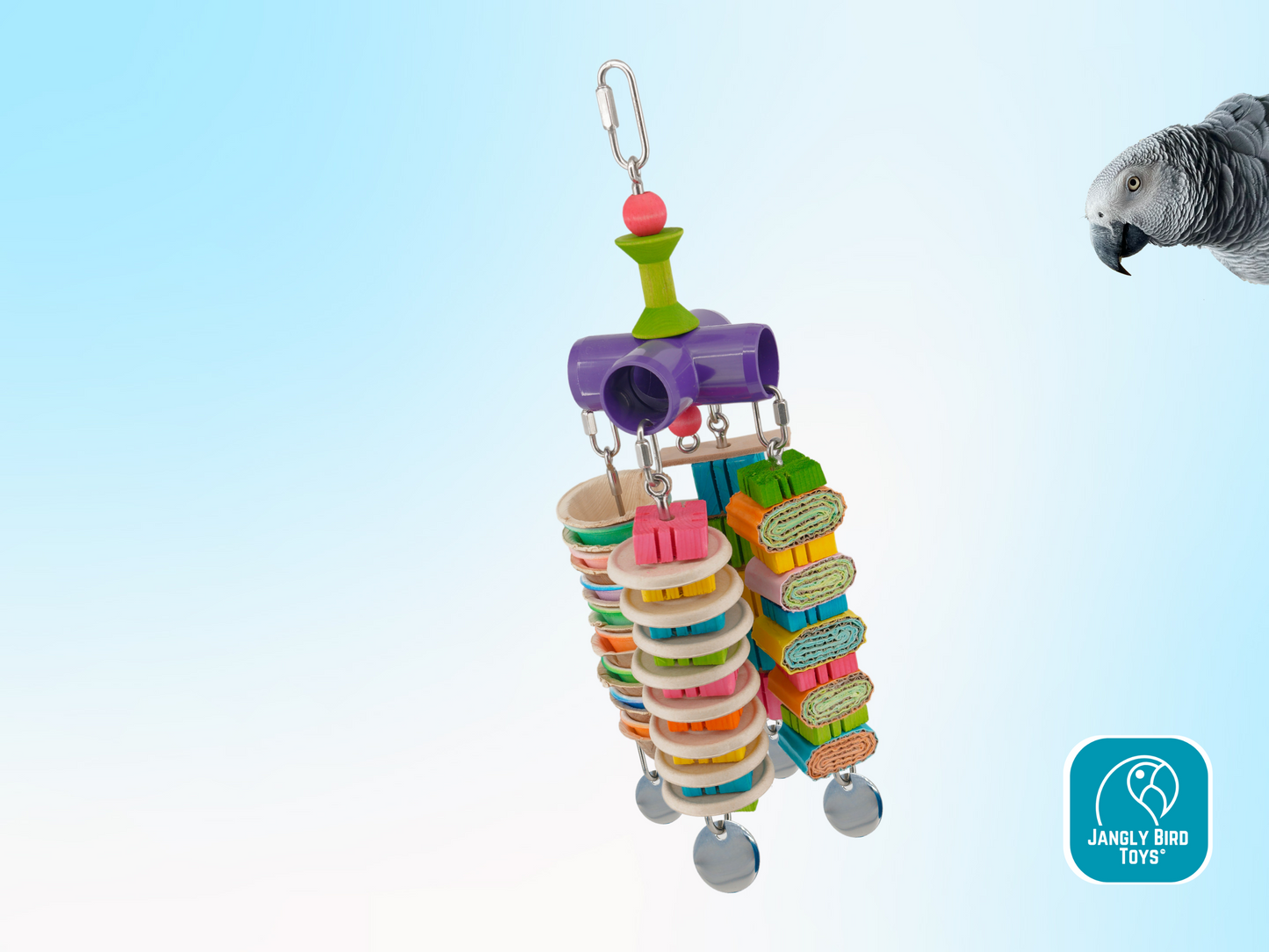 GANGLY JANGLY™ WITH TOYS / large / stainless steel parrot toy holder that comes loaded with toys! / Safe alternative to rope and twine / Sustainable and reusable bird toy base / poles / skewers