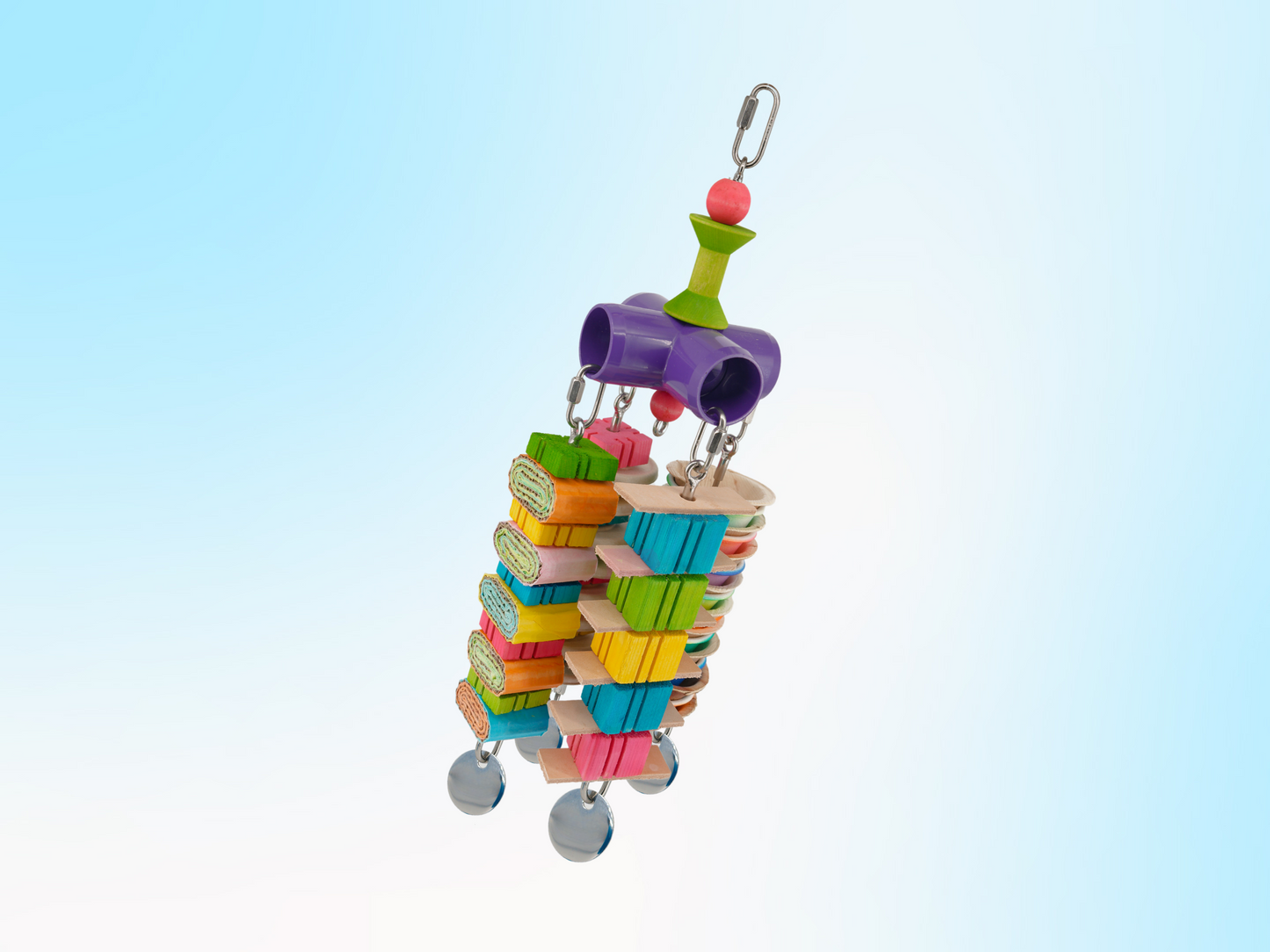 GANGLY JANGLY™ WITH TOYS / large / stainless steel parrot toy holder that comes loaded with toys! / Safe alternative to rope and twine / Sustainable and reusable bird toy base / poles / skewers