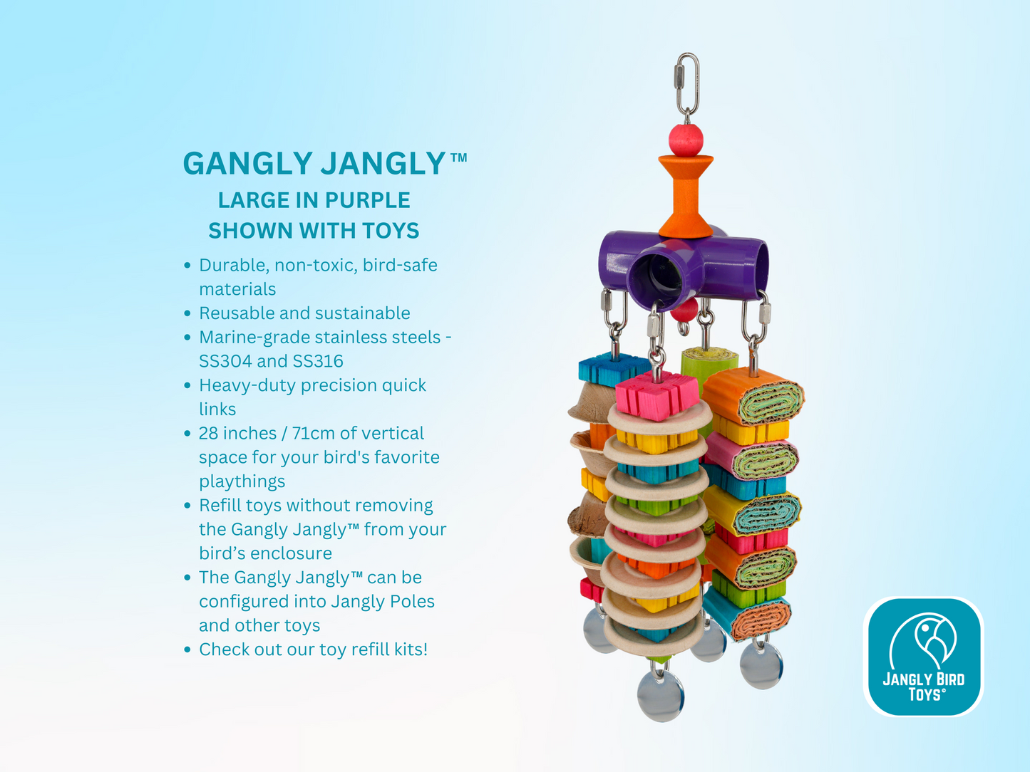 GANGLY JANGLY™ / large / stainless steel parrot toy holder / Sustainable and reusable bird toy base / Safe alternative to rope and twine / poles / skewers