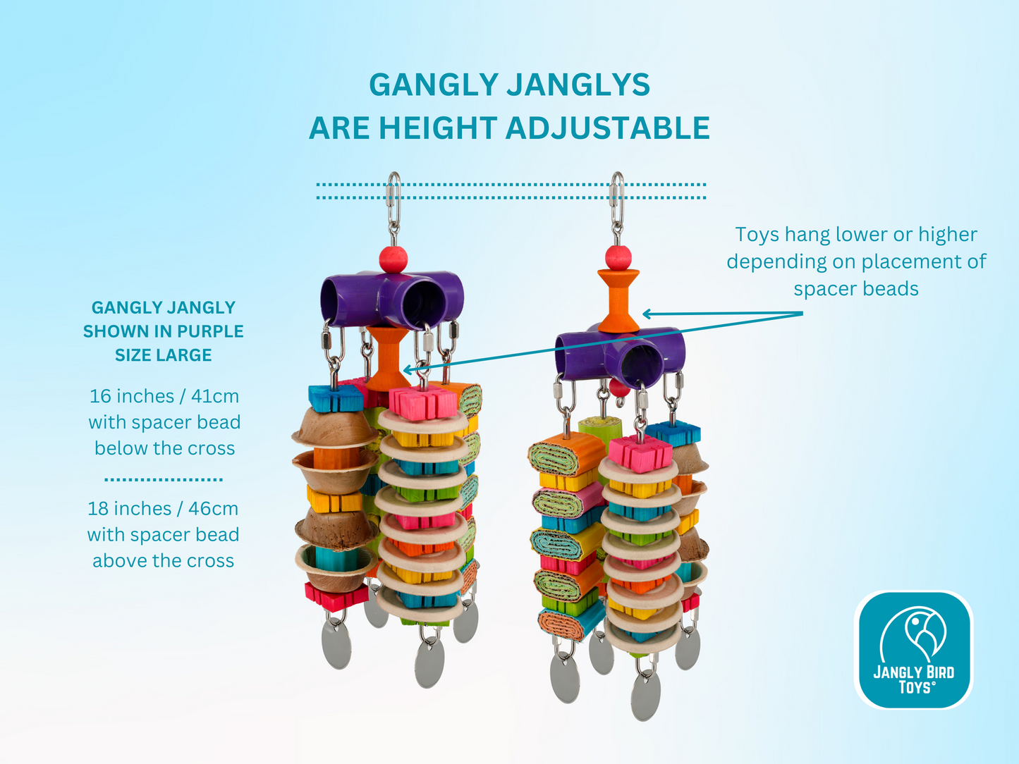 GANGLY JANGLY™ WITH TOYS / large / stainless steel parrot toy holder that comes loaded with toys! / Safe alternative to rope and twine / Sustainable and reusable bird toy base / poles / skewers