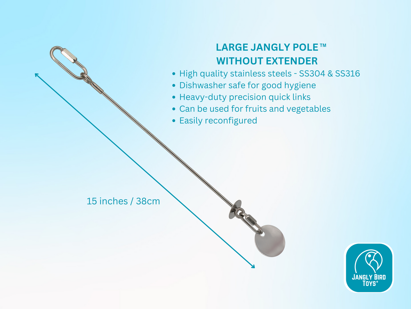 LARGE JANGLY POLE™ without extender / Stainless steel parrot toy holder / Sustainable and reusable bird toy base / Skewer