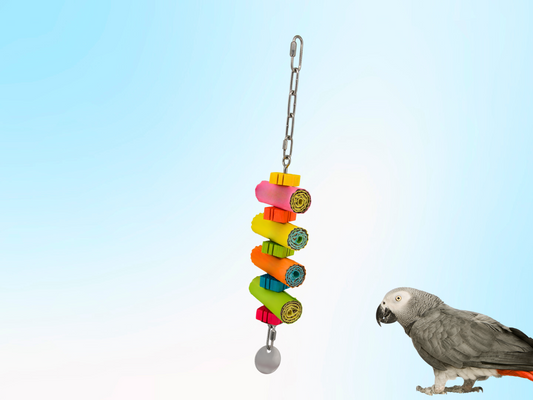 LARGE JANGLY POLE™ WITH TOYS / Stainless Steel Parrot Toy Base / Skewer / Sustainable and reusable bird toy holder / Comes loaded with toys!