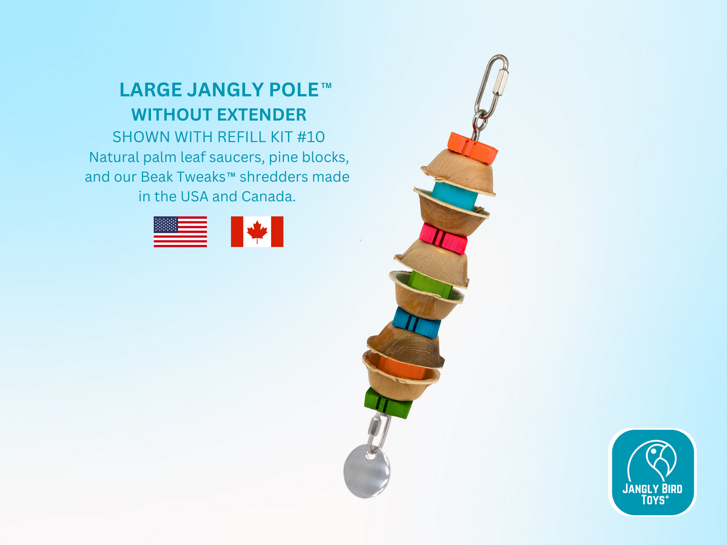 LARGE JANGLY POLE™ without extender / Stainless steel parrot toy holder / Sustainable and reusable bird toy base / Skewer