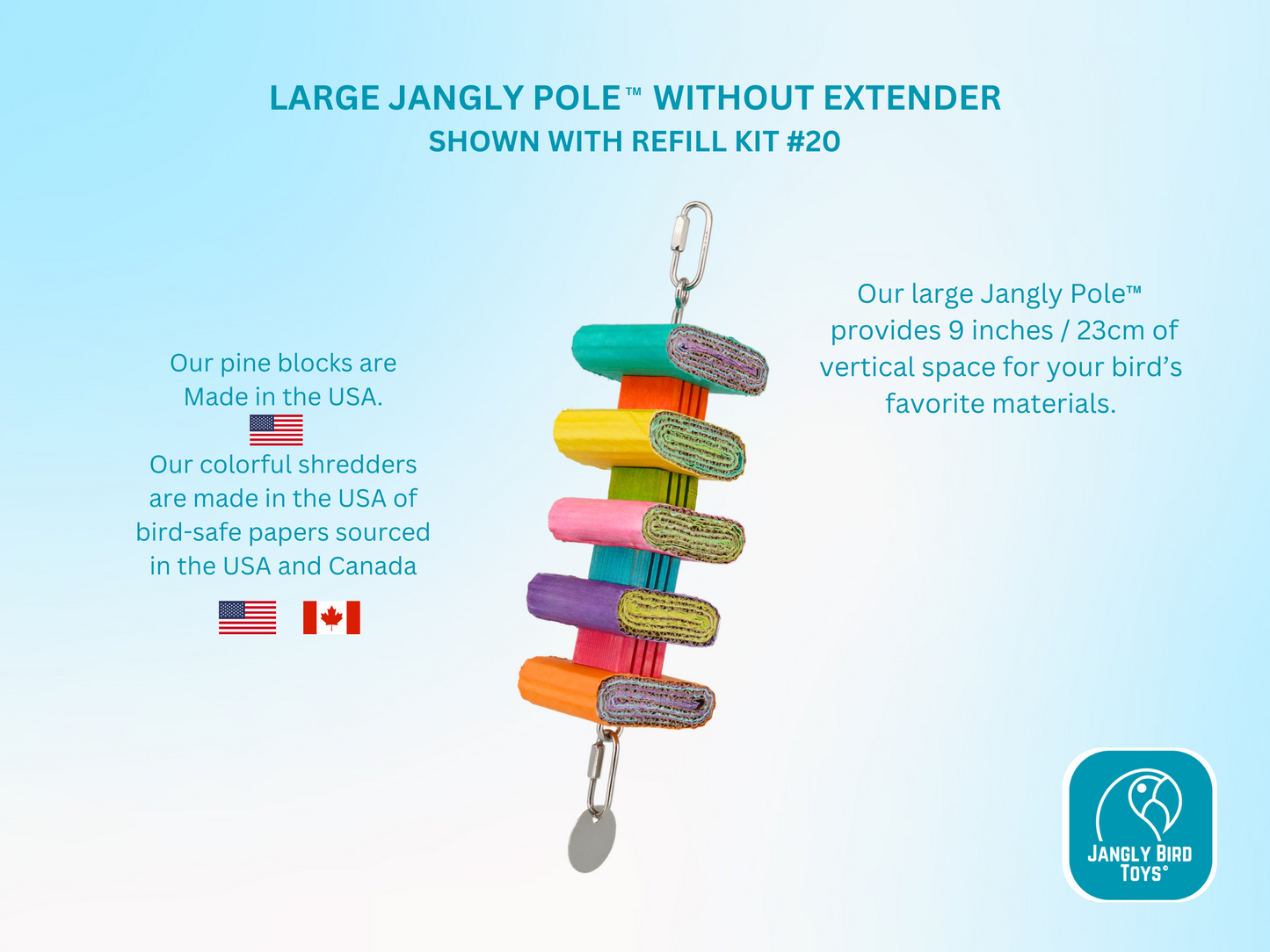 LARGE JANGLY POLE™ without extender / Stainless steel parrot toy holder / Sustainable and reusable bird toy base / Skewer