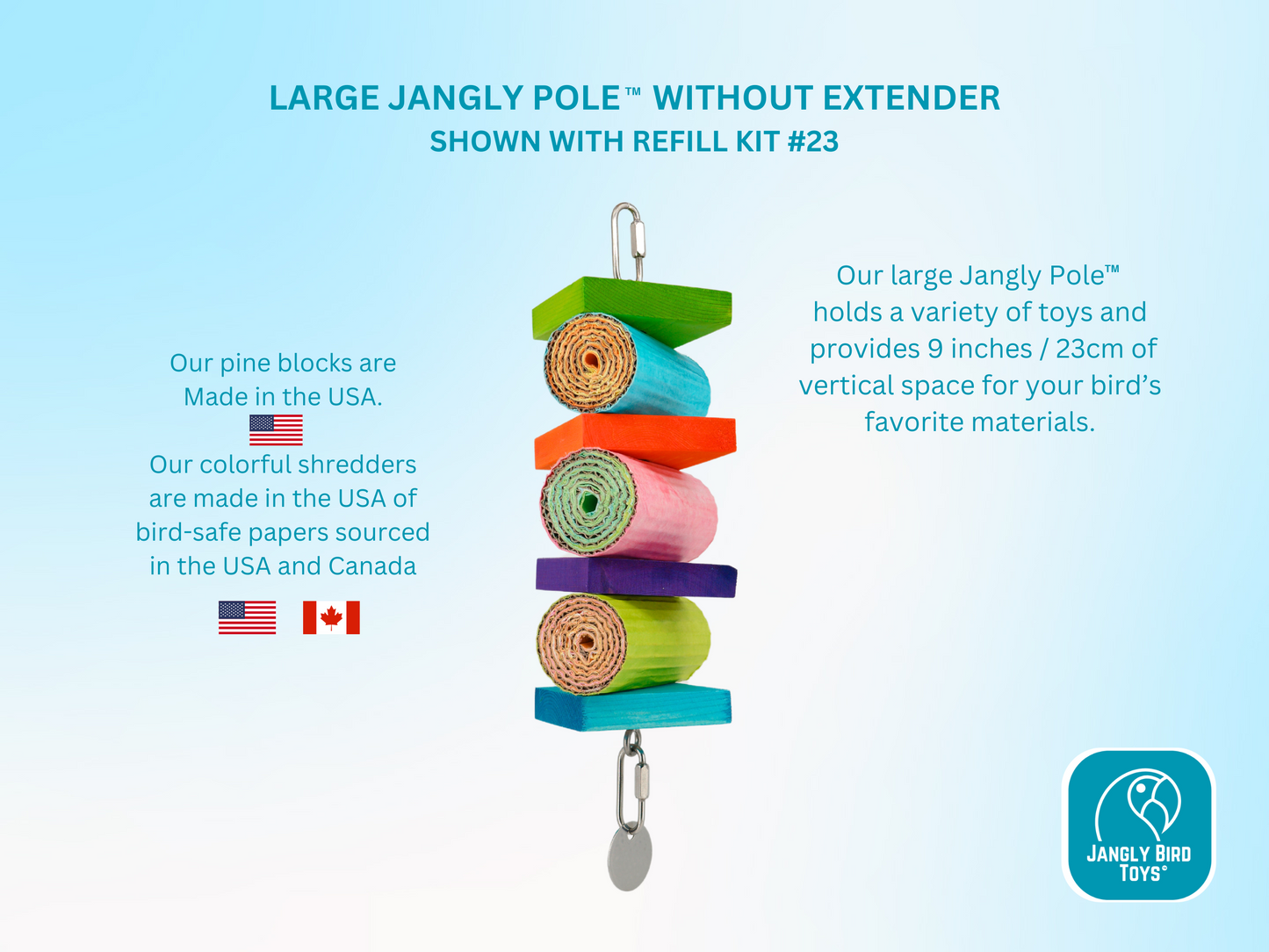 LARGE JANGLY POLE™ without extender / Stainless steel parrot toy holder / Sustainable and reusable bird toy base / Skewer