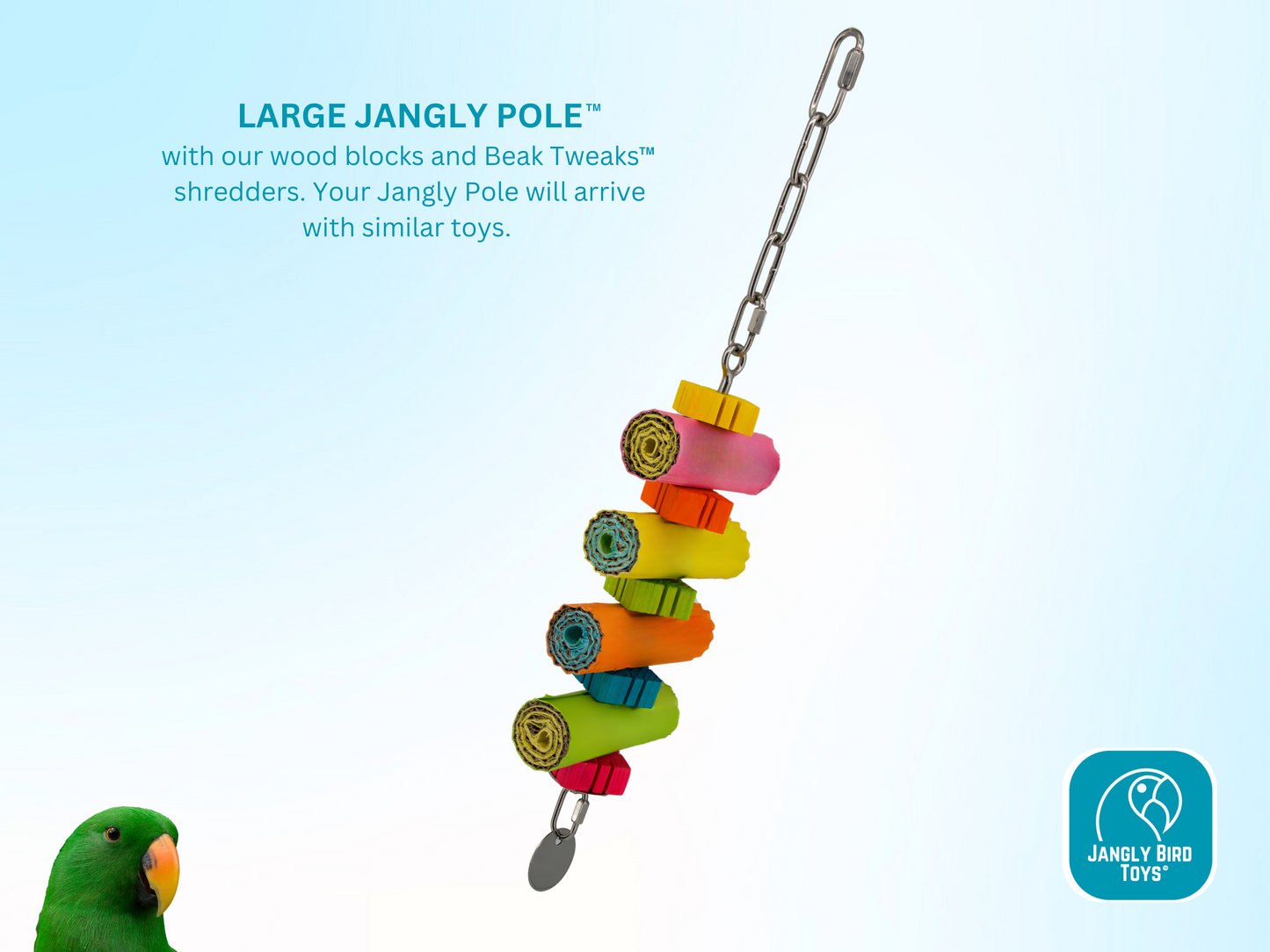 LARGE JANGLY POLE™ WITH TOYS / Stainless Steel Parrot Toy Base / Skewer / Sustainable and reusable bird toy holder / Comes loaded with toys!