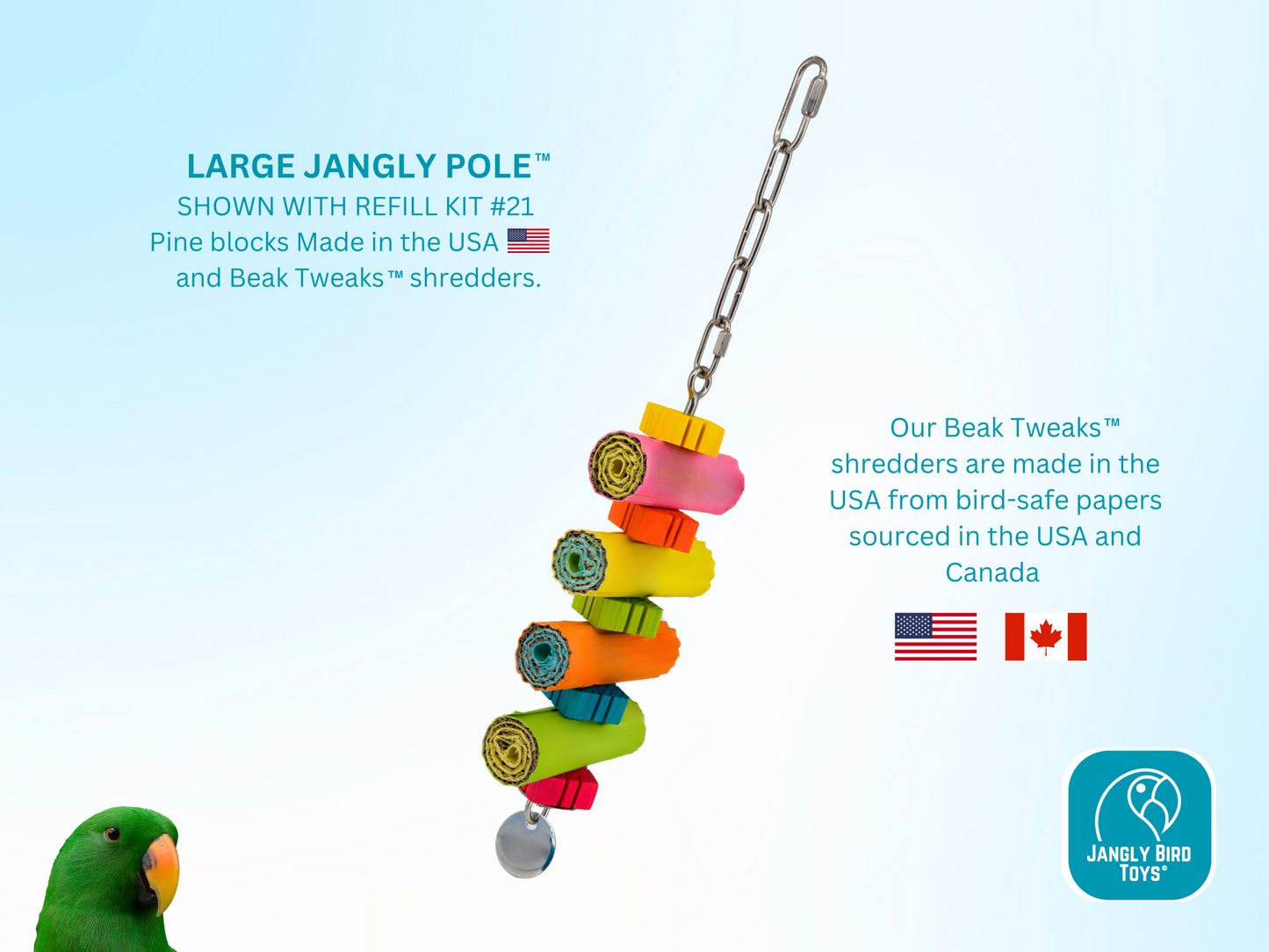 LARGE JANGLY POLE™ / Stainless steel parrot toy base / Sustainable and reusable bird toy holder / Skewer