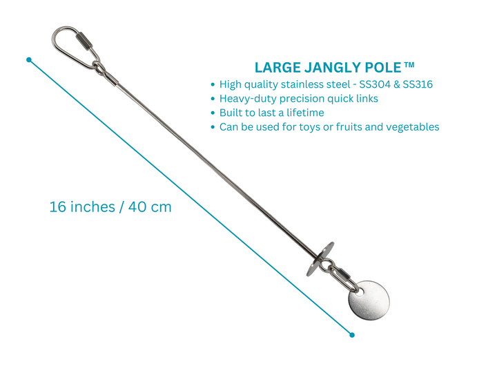 Large Jangly Pole™ with dimensions - refillable bird toy holder made of premium stainless steel