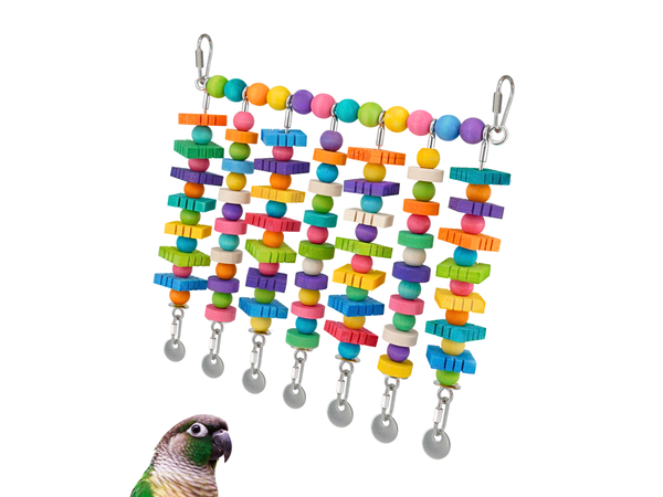 JANGLY WALL of TOYS™ refillable stainless steel bird toy platform pre-loaded with wood beads and blocks | 7 poles