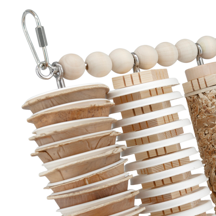 JANGLY WALL OF TOYS™ refillable stainless steel bird toy platform pre-loaded with toys