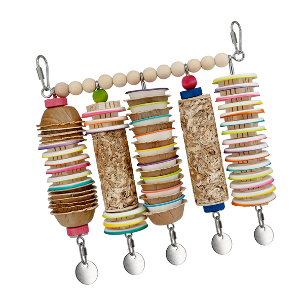 JANGLY WALL OF TOYS™ refillable stainless steel bird toy platform pre-loaded with toys