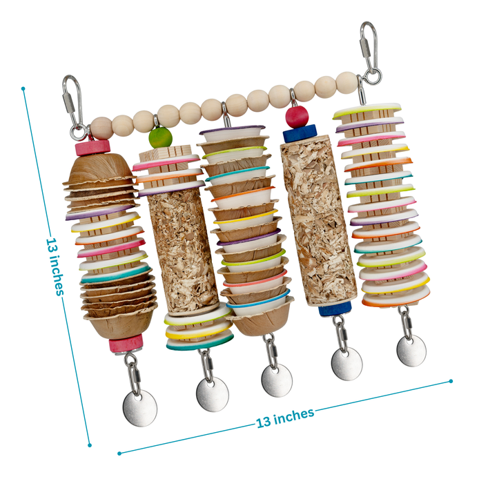 JANGLY WALL OF TOYS™ refillable stainless steel bird toy platform pre-loaded with toys