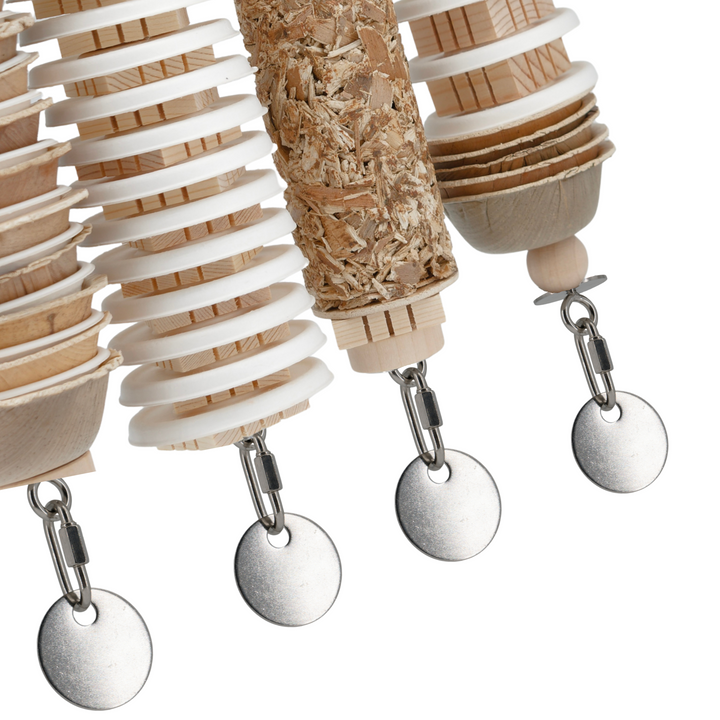 JANGLY WALL OF TOYS™ refillable stainless steel bird toy platform pre-loaded with toys