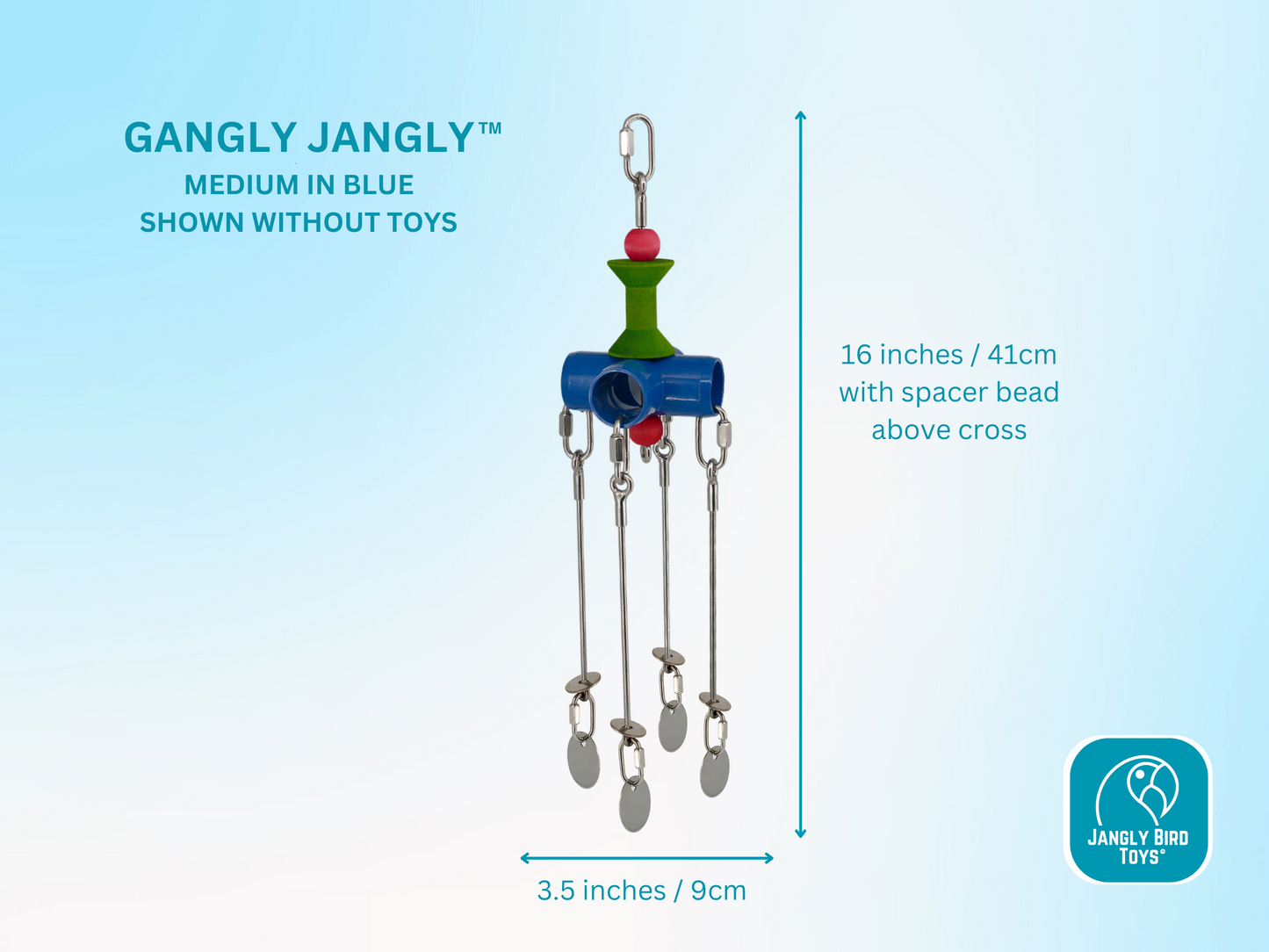 GANGLY JANGLY™ WITH TOYS /medium / stainless steel parrot toy holder that comes loaded with toys! / Sustainable and reusable bird toy base / Safe alternative to rope and twine / poles / skewers