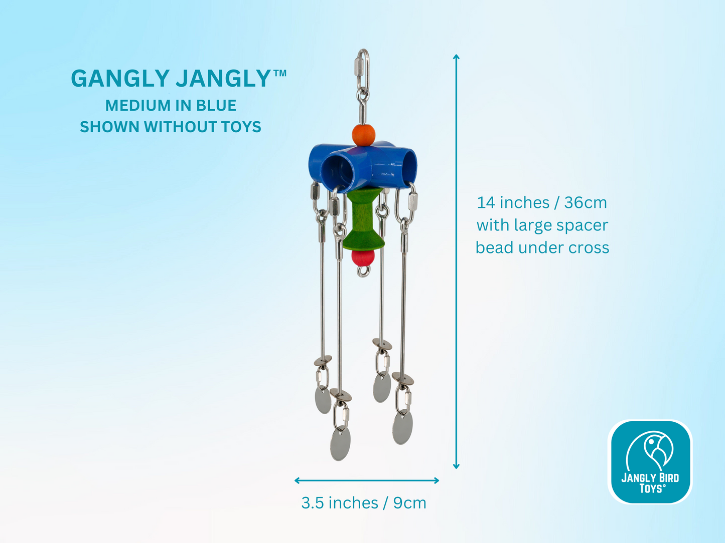 GANGLY JANGLY™ WITH TOYS /medium / stainless steel parrot toy holder that comes loaded with toys! / Sustainable and reusable bird toy base / Safe alternative to rope and twine / poles / skewers