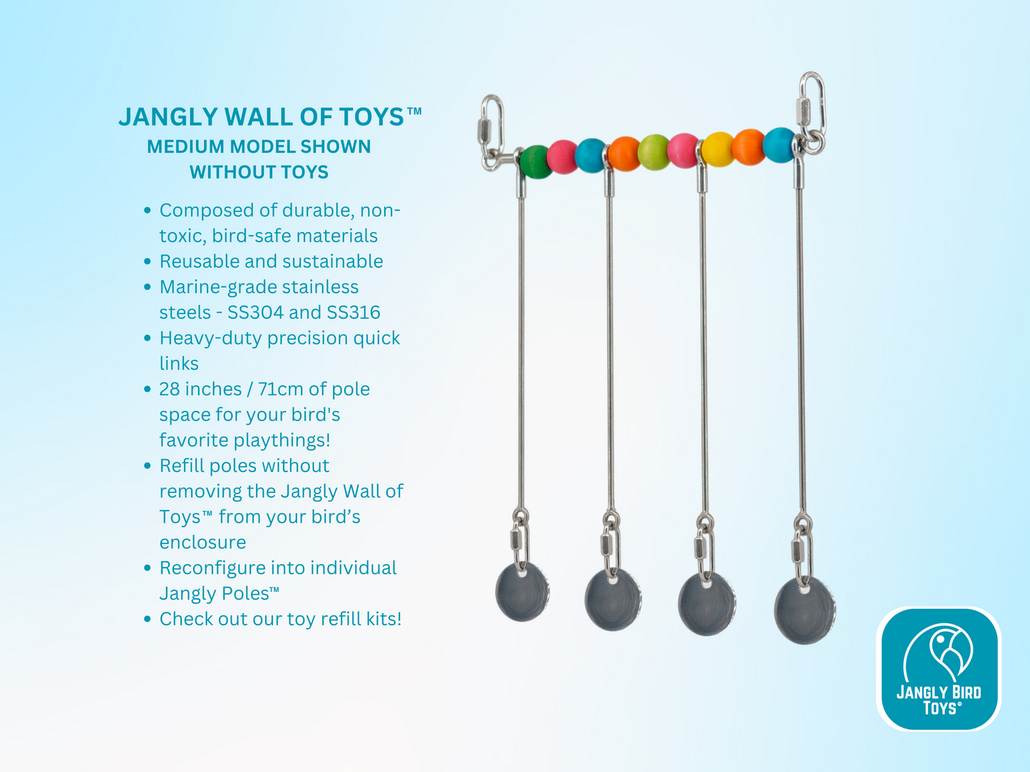 JANGLY WALL OF TOYS™ / medium / The ultimate parrot playstation! / Stainless steel bird toy holder / Sustainable and reusable bird toy base / poles / skewers