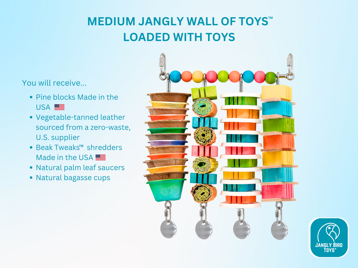 JANGLY WALL OF TOYS™ LOADED WITH TOYS / medium / The ultimate parrot playstation! / Stainless steel bird toy holder / Sustainable and reusable bird toy base / poles / skewers