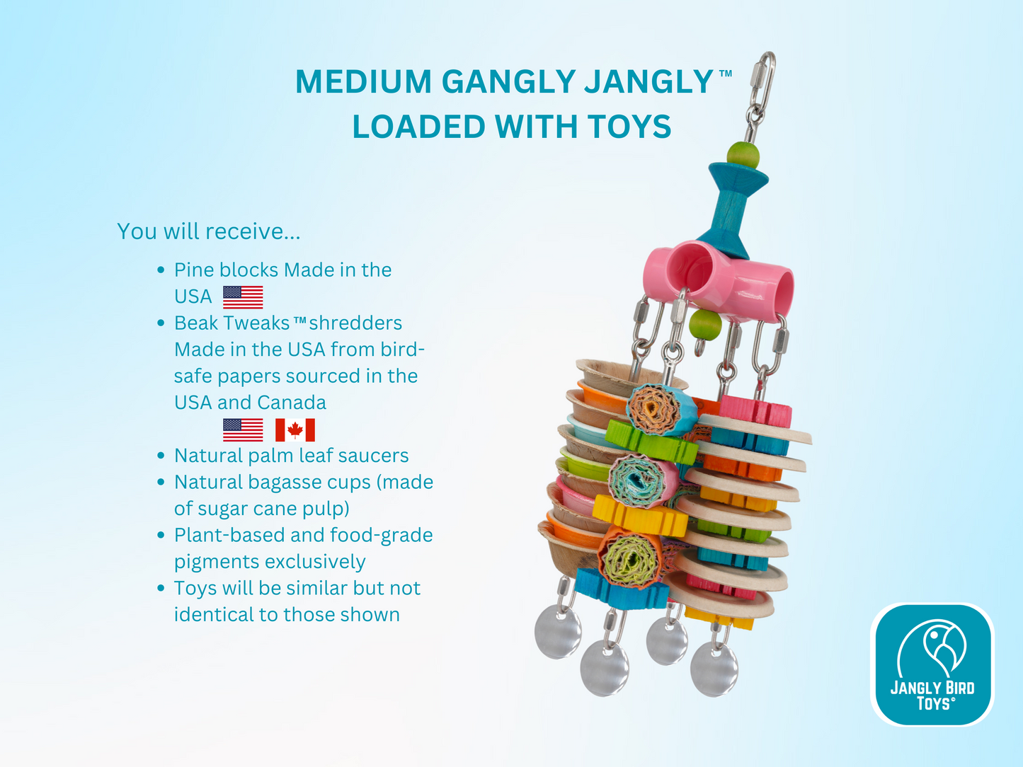 GANGLY JANGLY™ WITH TOYS /medium / stainless steel parrot toy holder that comes loaded with toys! / Sustainable and reusable bird toy base / Safe alternative to rope and twine / poles / skewers