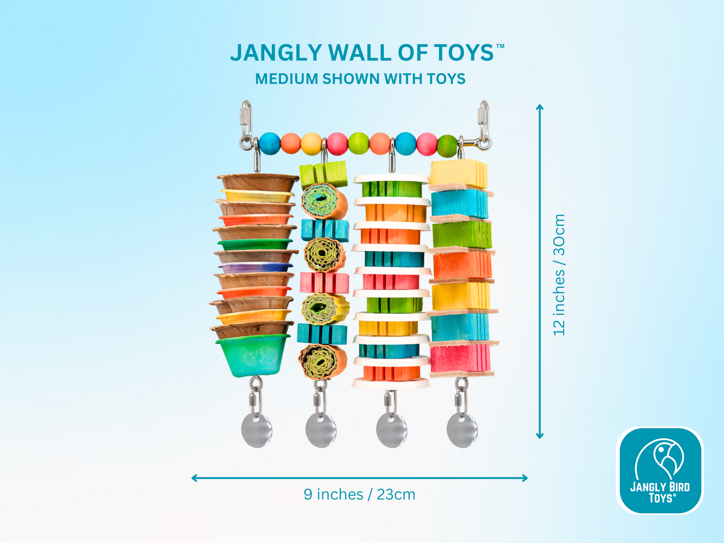 JANGLY WALL OF TOYS™ LOADED WITH TOYS / medium / The ultimate parrot playstation! / Stainless steel bird toy holder / Sustainable and reusable bird toy base / poles / skewers